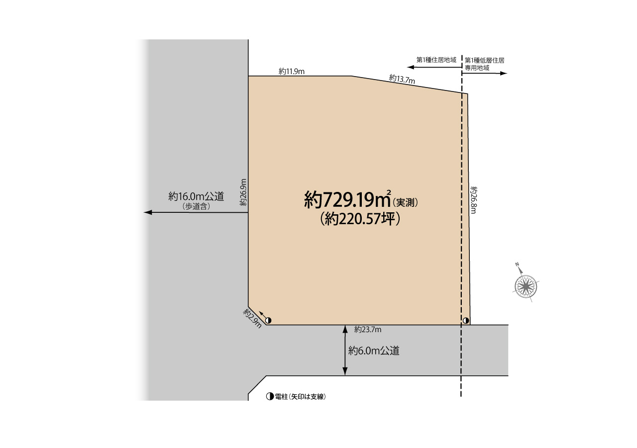 ラビングタウン上新井2丁目60 | 土地約220坪!! 西16m×南6m公道角地、16ｍ公道の上新井新道に面した医院・店舗・アパート・住宅用地に適した立地